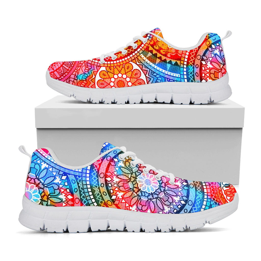 Colorful Circle Mandala Print White Running Shoes