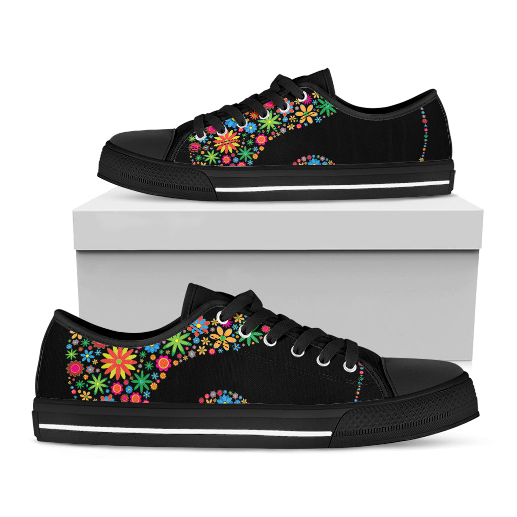 Colorful Flowers Yin Yang Print Black Low Top Sneakers