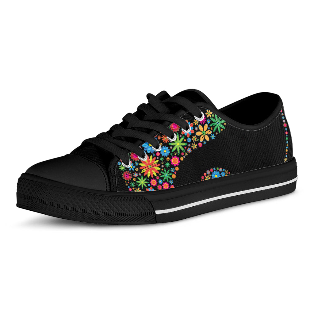 Colorful Flowers Yin Yang Print Black Low Top Sneakers
