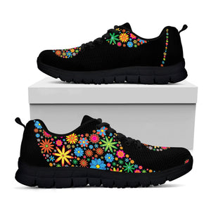 Colorful Flowers Yin Yang Print Black Running Shoes