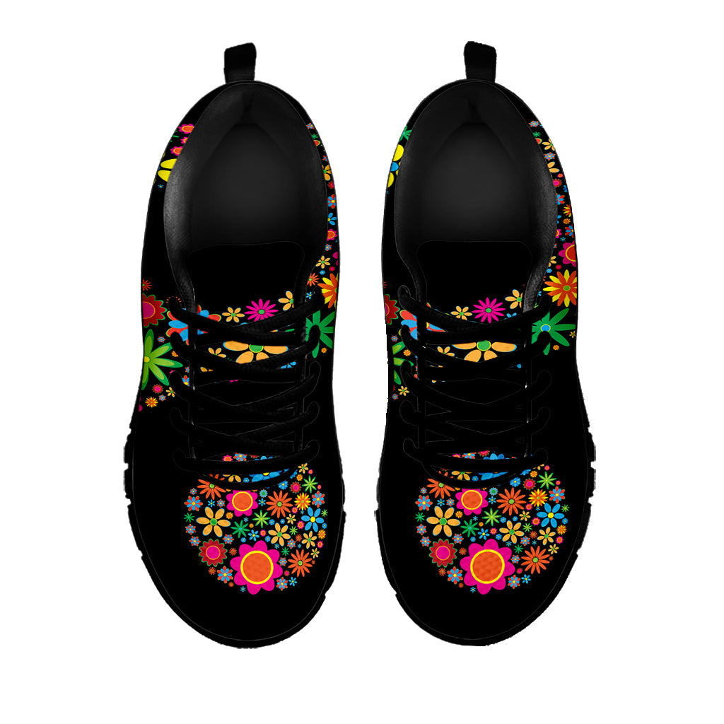 Colorful Flowers Yin Yang Print Black Running Shoes