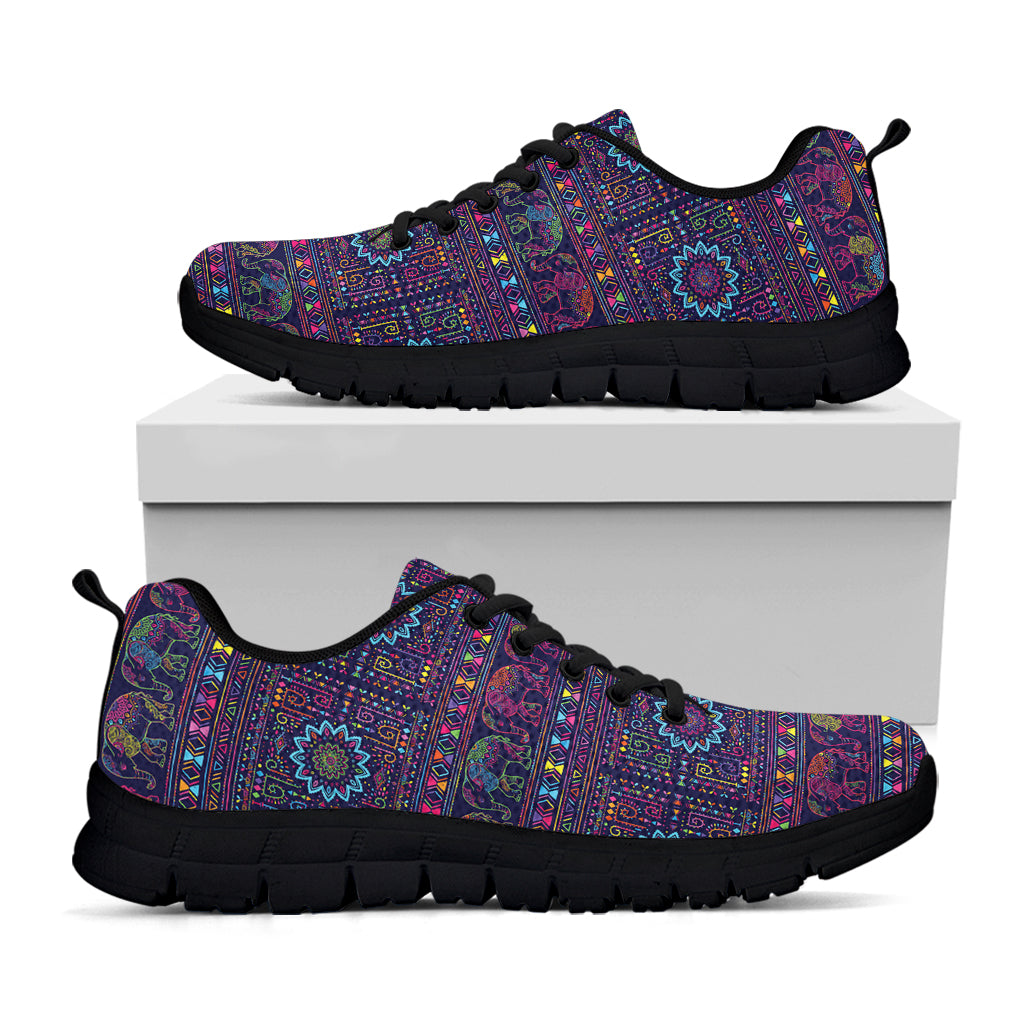 Colorful Indian Elephant Pattern Print Black Running Shoes