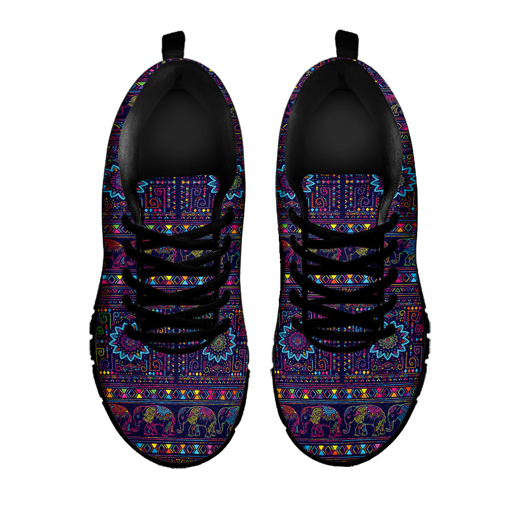 Colorful Indian Elephant Pattern Print Black Running Shoes