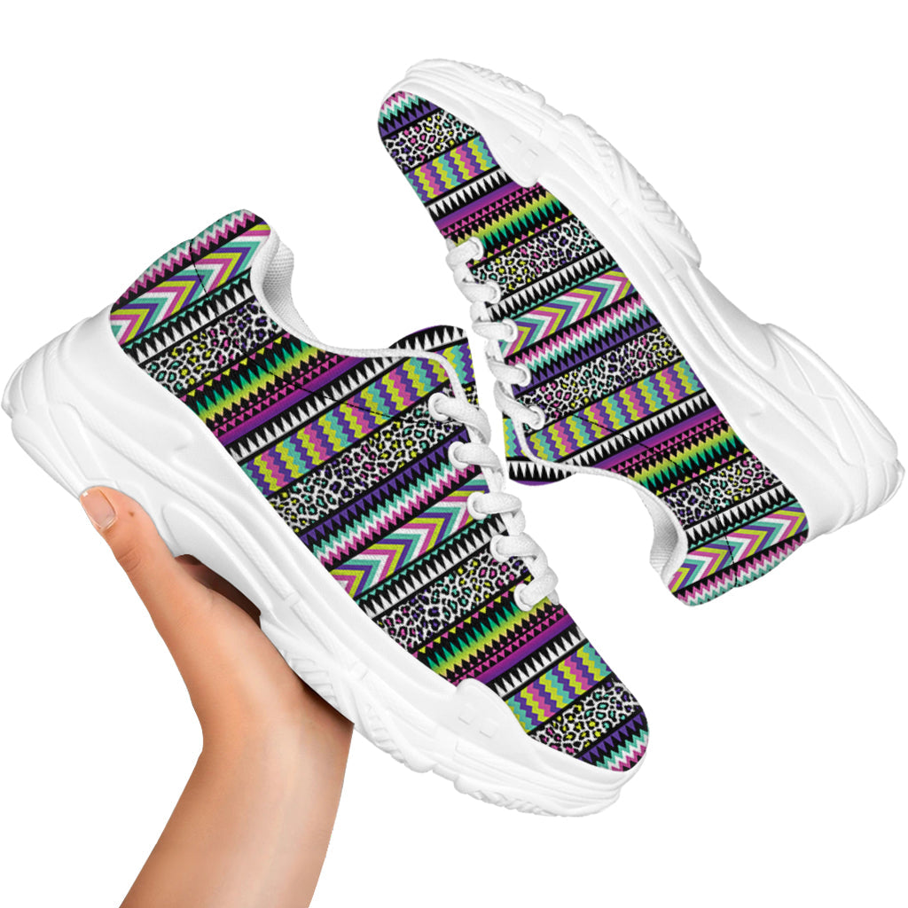 Colorful Leopard Navajo Tribal Print White Chunky Shoes