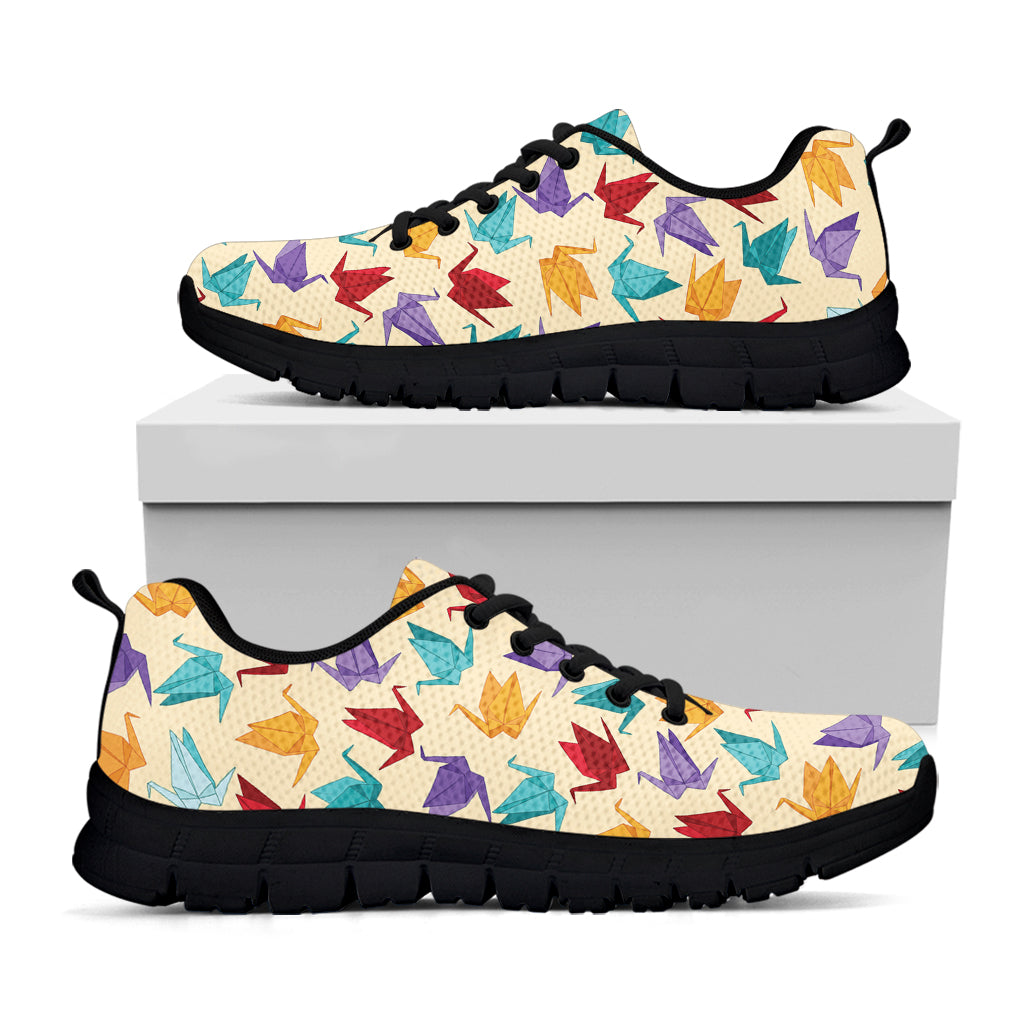 Colorful Origami Crane Pattern Print Black Running Shoes