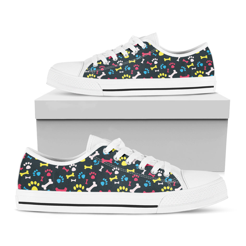 Colorful Paw And Bone Pattern Print White Low Top Sneakers