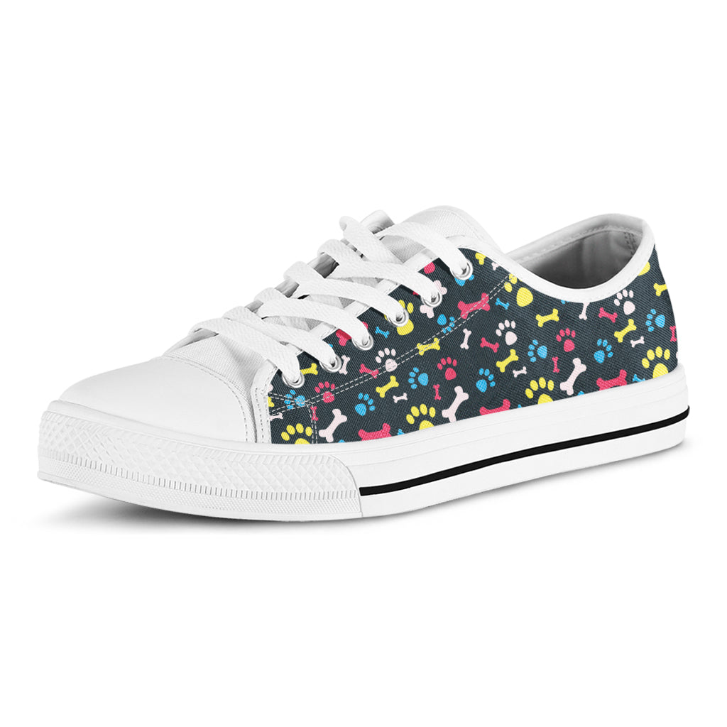 Colorful Paw And Bone Pattern Print White Low Top Sneakers
