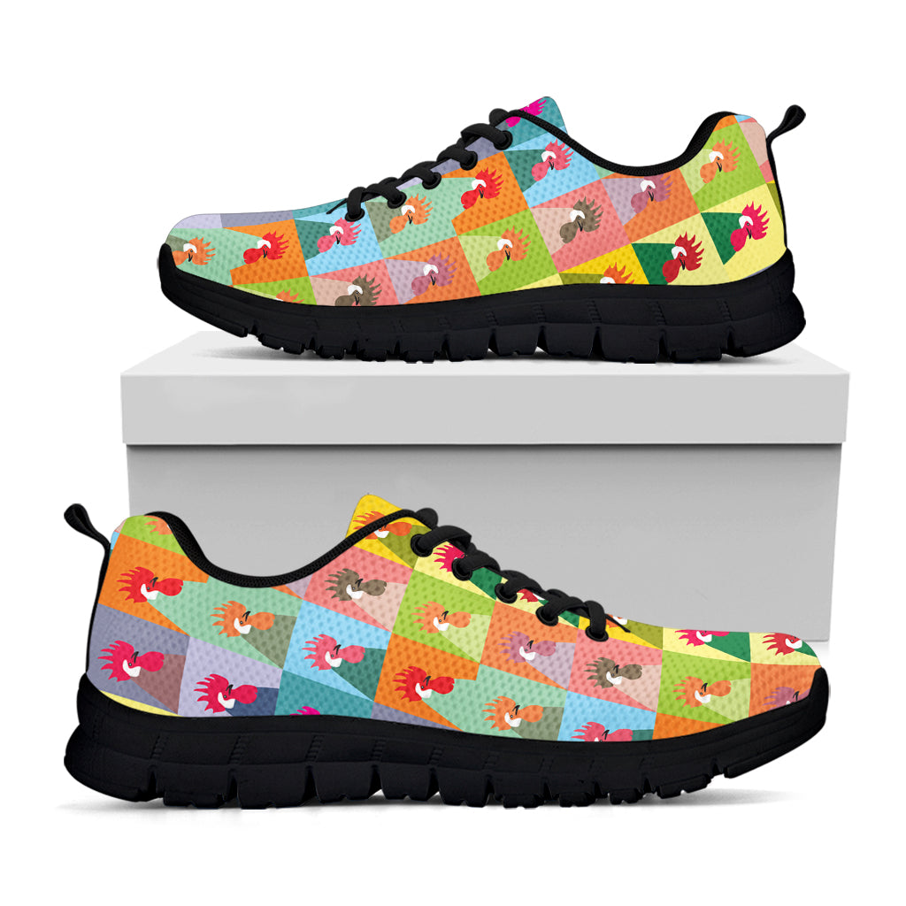 Colorful Rooster Pattern Print Black Running Shoes