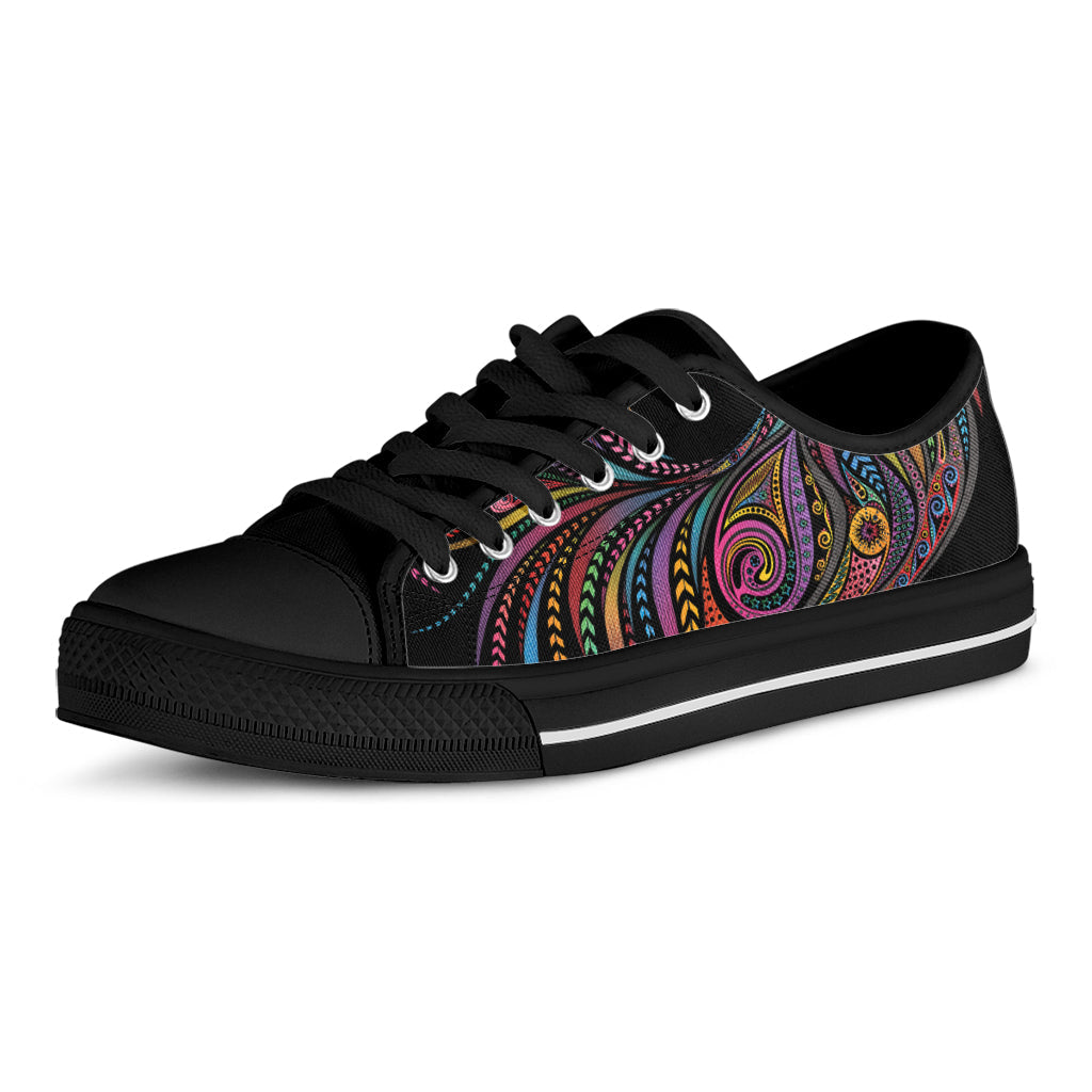 Colorful Rooster Print Black Low Top Sneakers