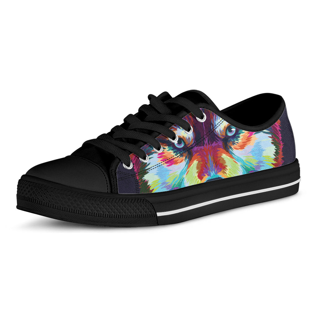 Colorful Siberian Husky Print Black Low Top Sneakers