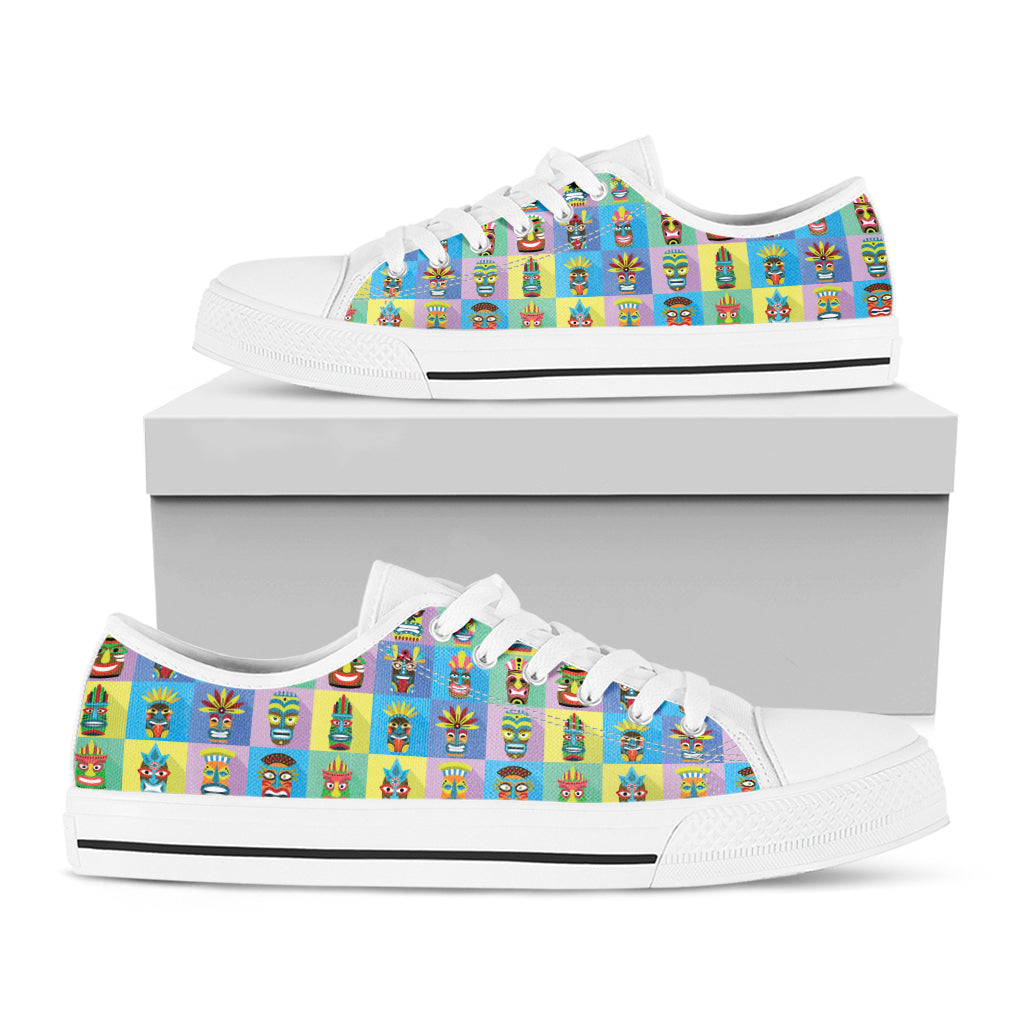 Colorful Tiki Pattern Print White Low Top Sneakers