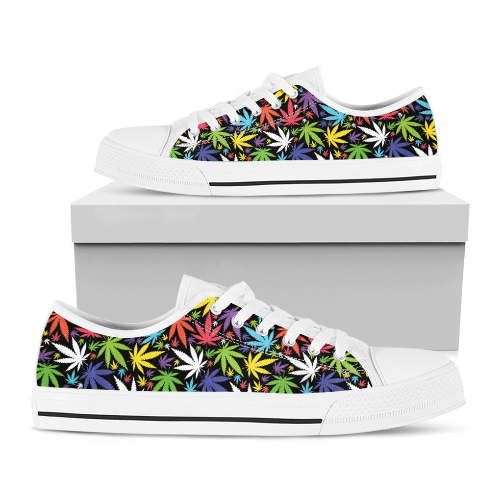 Colorful Weed Leaf Pattern Print White Low Top Sneakers