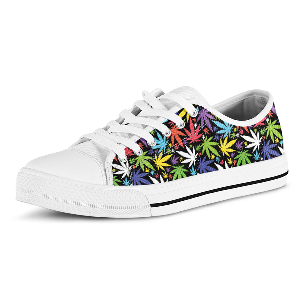 Colorful Weed Leaf Pattern Print White Low Top Sneakers