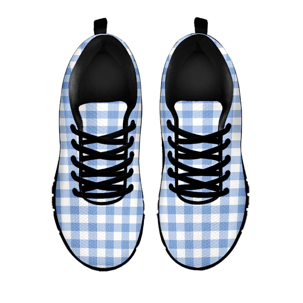 Cornflower Blue And White Gingham Print Black Running Shoes
