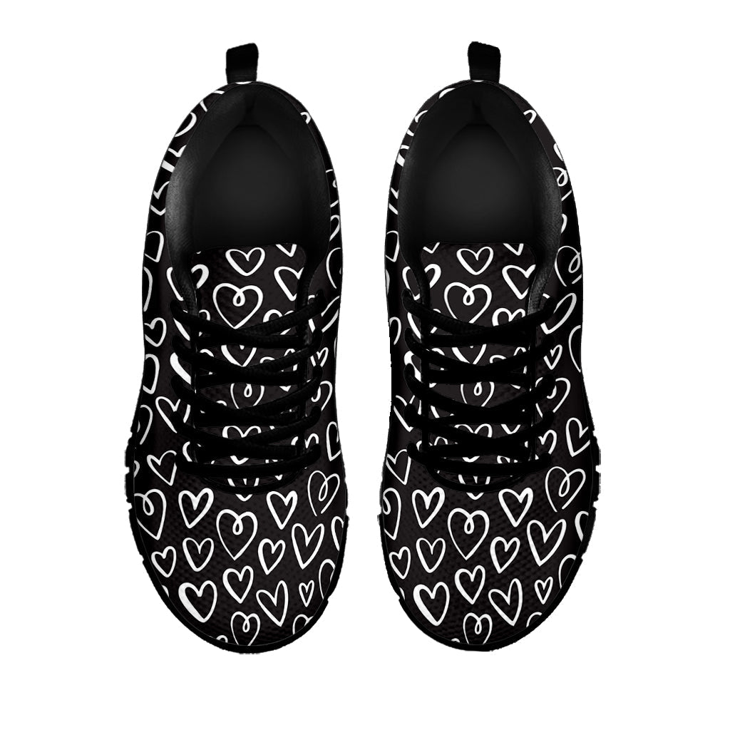 Cute Black And White Heart Pattern Print Black Running Shoes