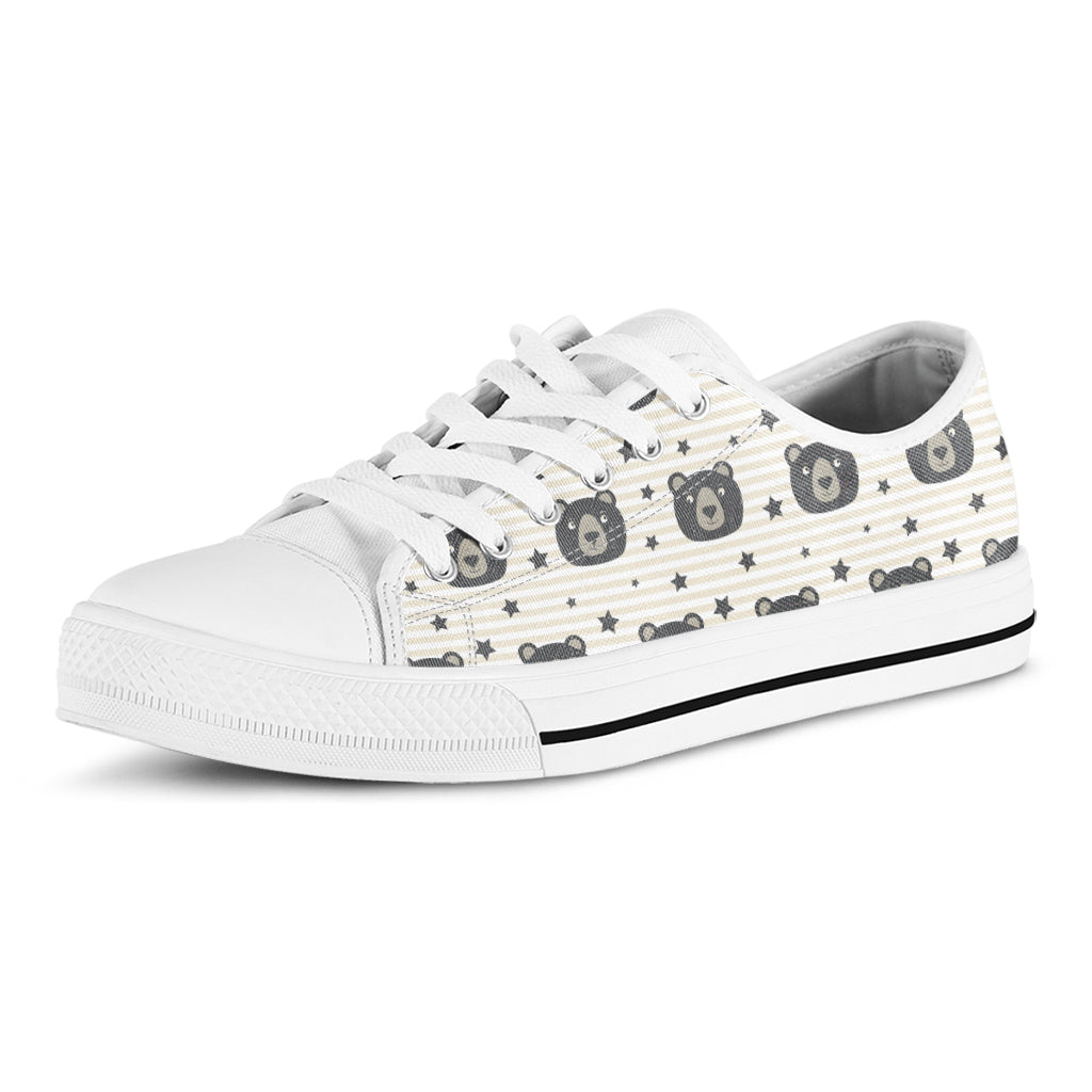 Cute Black Bear Pattern Print White Low Top Sneakers