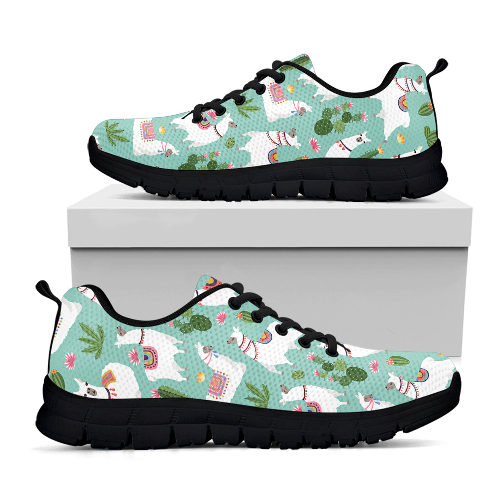 Cute Cactus And Llama Pattern Print Black Running Shoes
