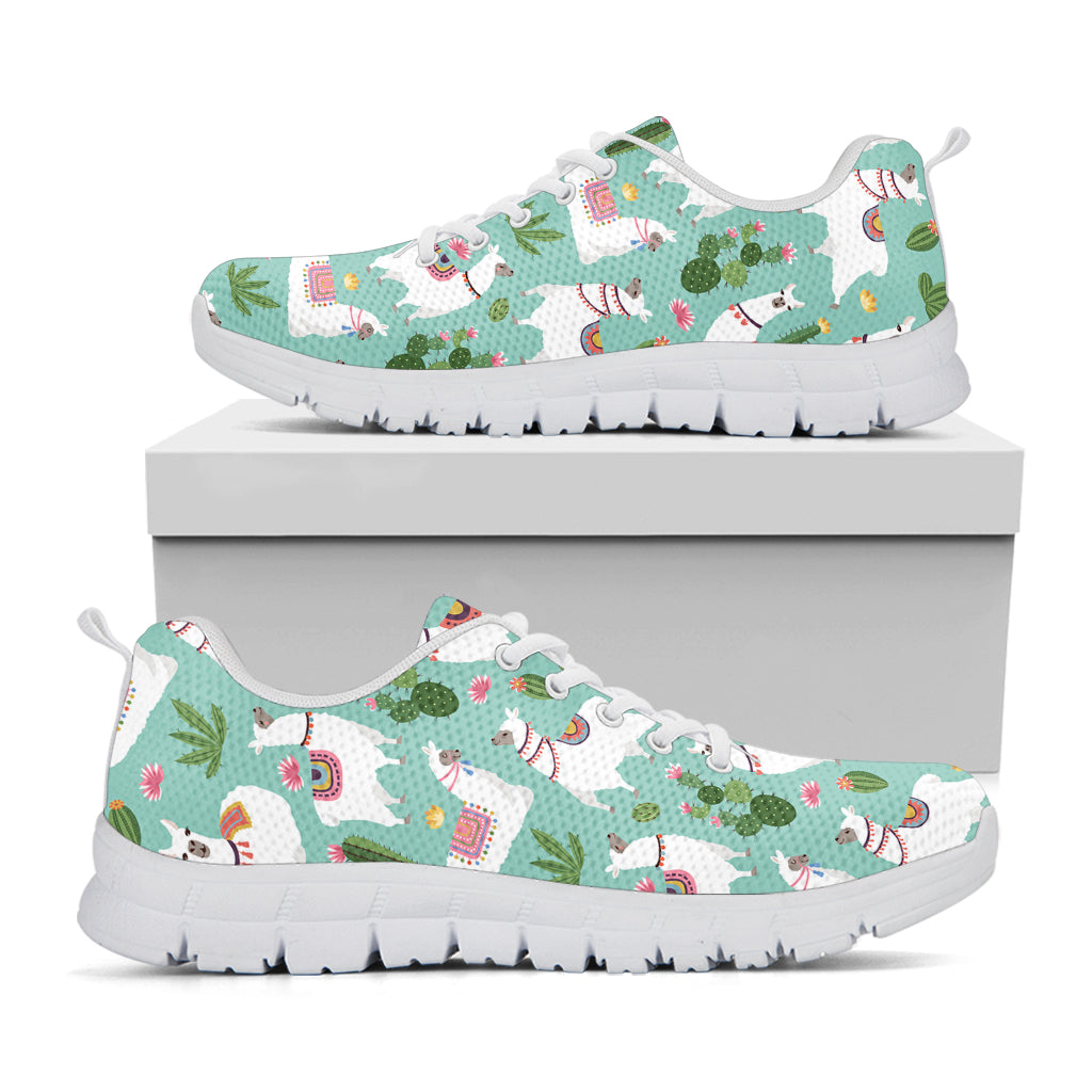 Cute Cactus And Llama Pattern Print White Running Shoes