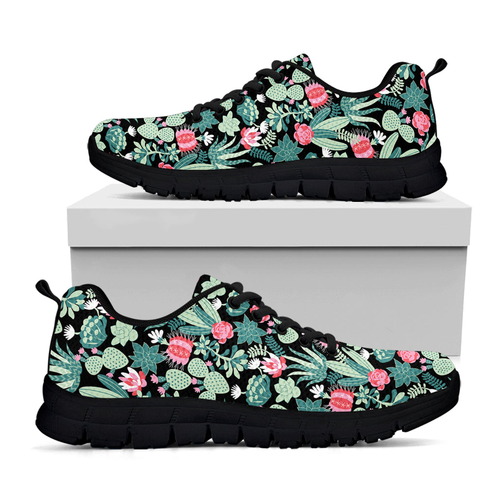 Cute Cactus And Succulent Print Black Running Shoes