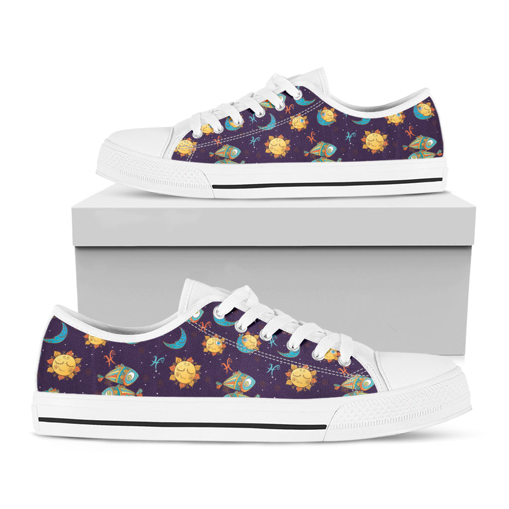 Cute Cartoon Pisces Pattern Print White Low Top Sneakers