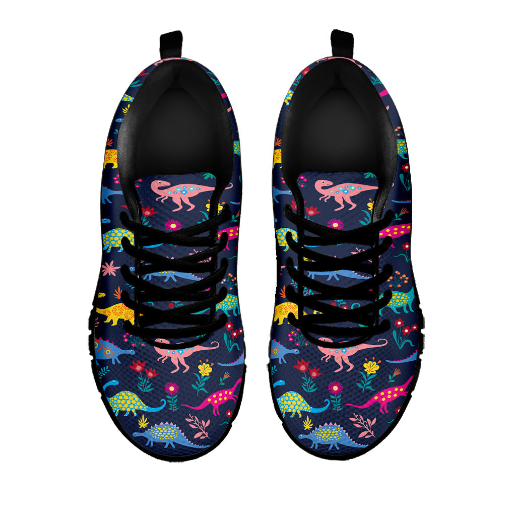 Cute Dino Floral Pattern Print Black Running Shoes