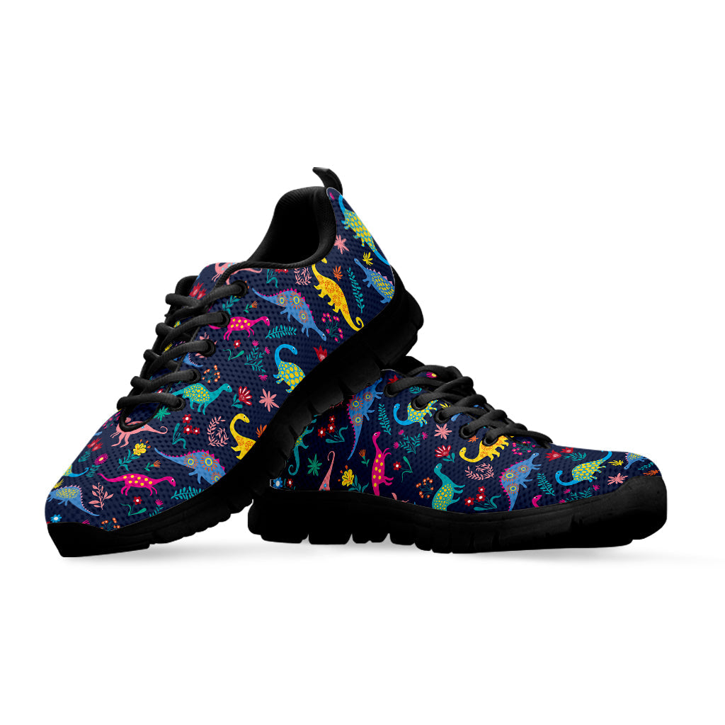 Cute Dino Floral Pattern Print Black Running Shoes