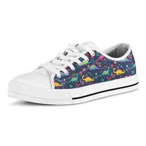 Cute Dino Floral Pattern Print White Low Top Sneakers