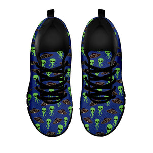 Cute Green Alien UFO Print Black Running Shoes