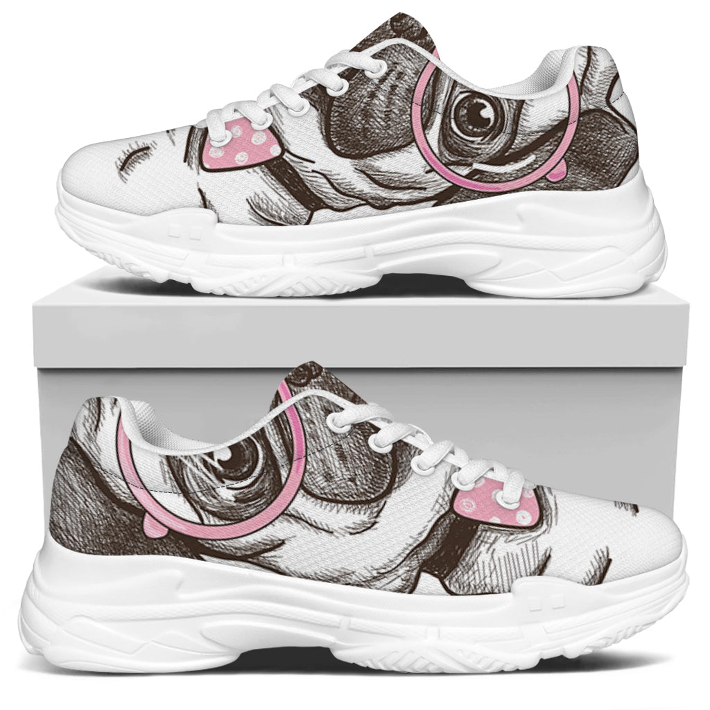 Cute Pug With Glasses Print White Chunky Shoes