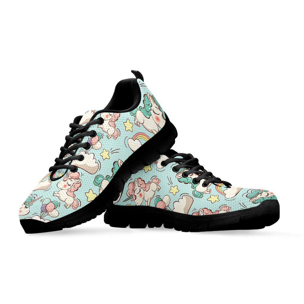 Cute Rainbow Unicorn Pattern Print Black Running Shoes