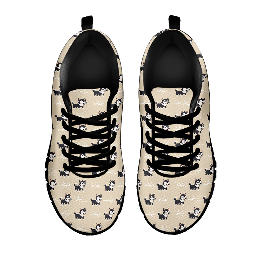 Cute Siberian Husky Pattern Print Black Running Shoes