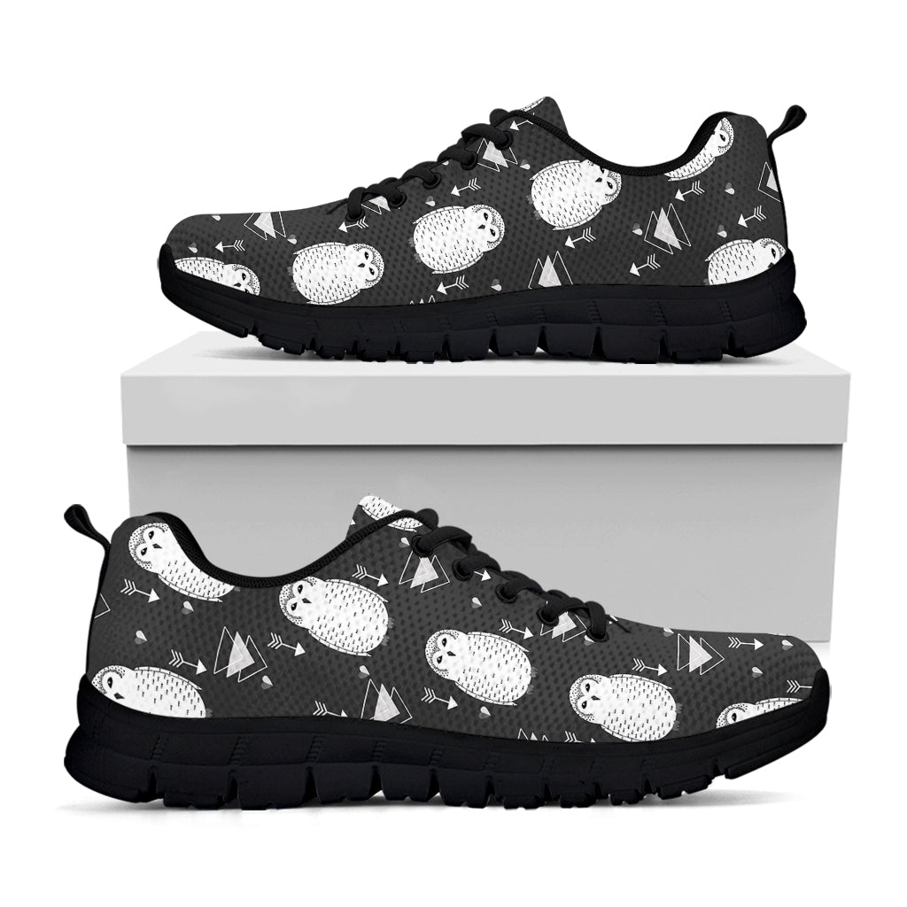 Cute White And Grey Owl Pattern Print Black Running Shoes