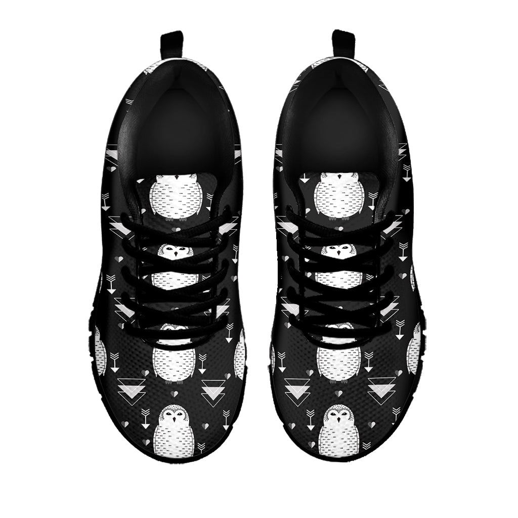 Cute White And Grey Owl Pattern Print Black Running Shoes