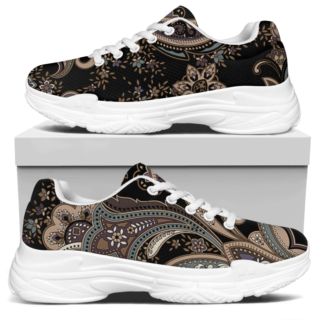 Dark Brown Paisley Pattern Print White Chunky Shoes