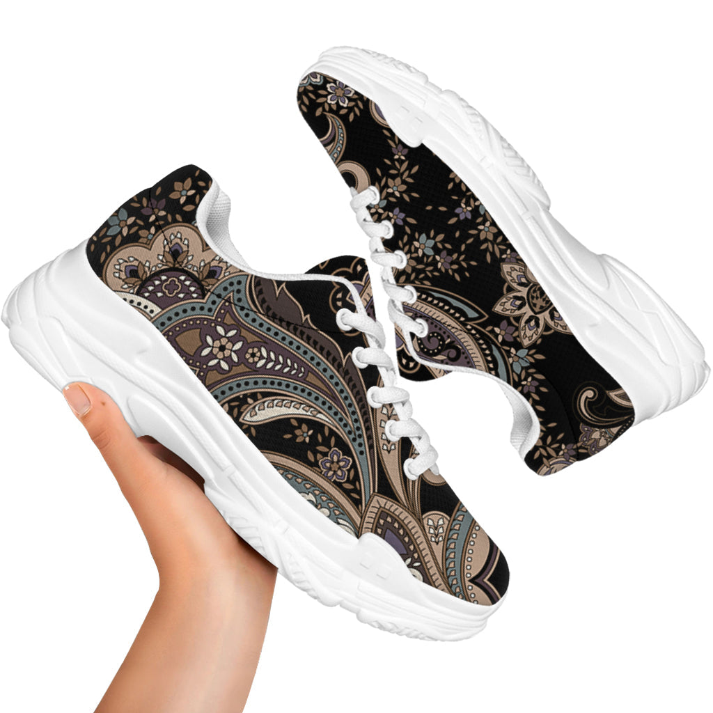 Dark Brown Paisley Pattern Print White Chunky Shoes