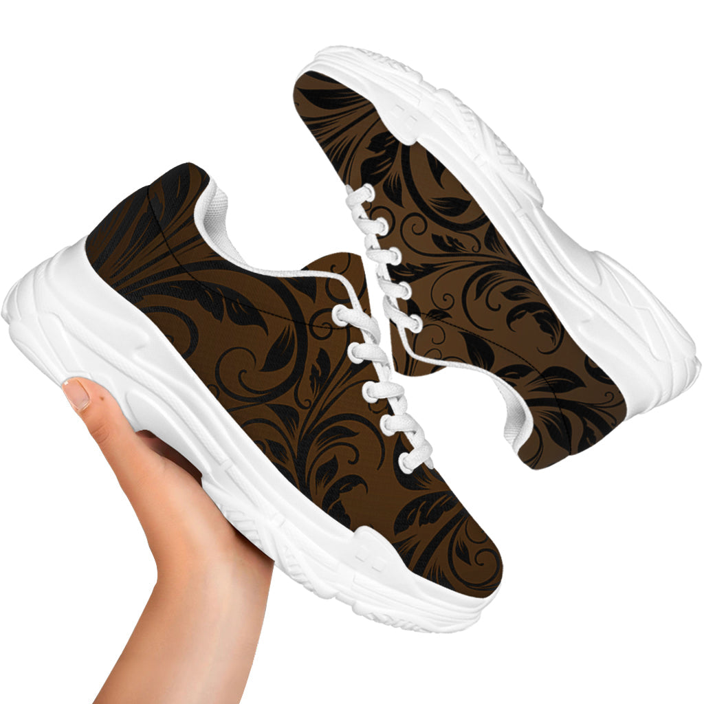 Dark Brown Western Damask Print White Chunky Shoes