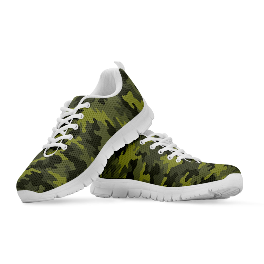 Dark Green Camouflage Print White Running Shoes