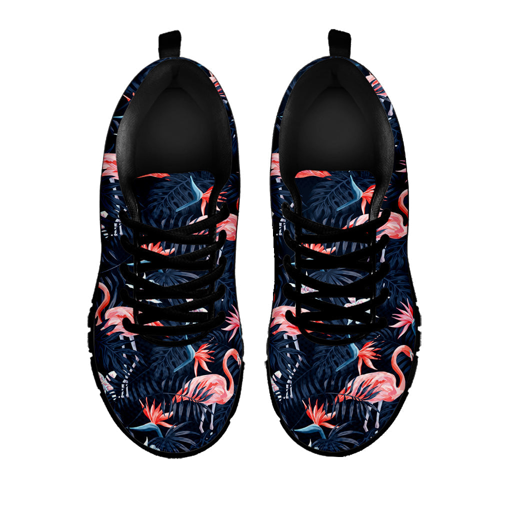 Dark Tropical Flamingo Pattern Print Black Running Shoes