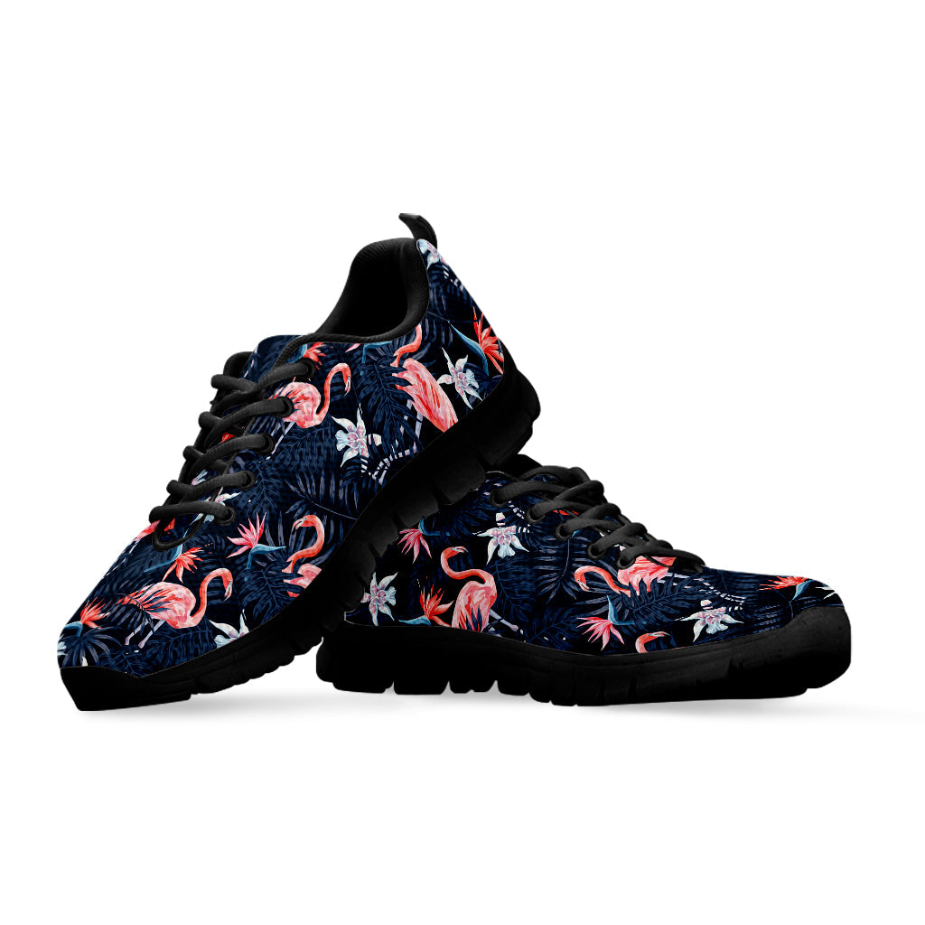 Dark Tropical Flamingo Pattern Print Black Running Shoes