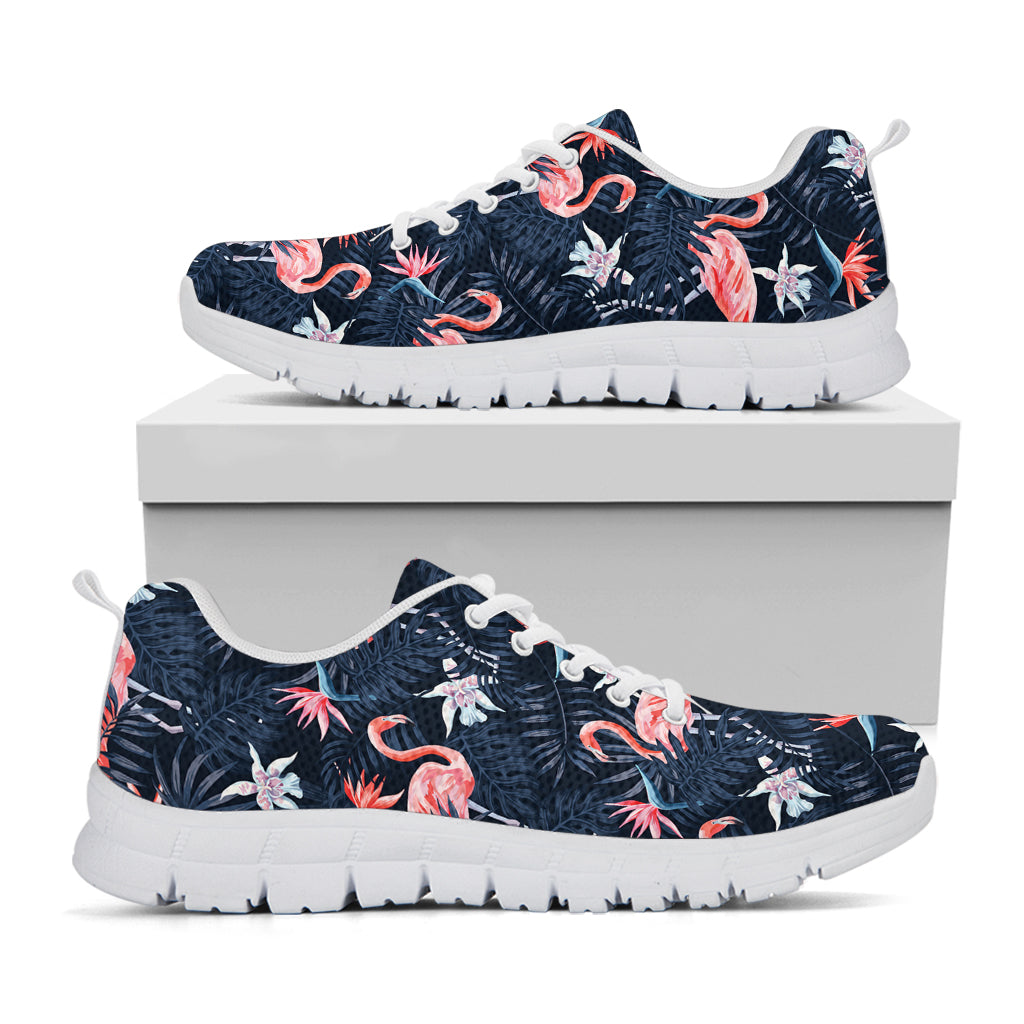 Dark Tropical Flamingo Pattern Print White Running Shoes
