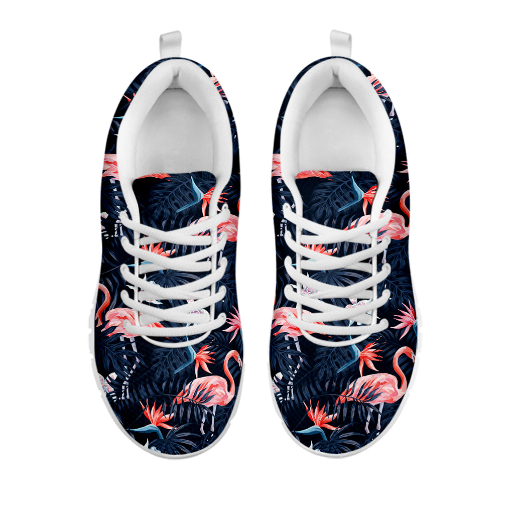 Dark Tropical Flamingo Pattern Print White Running Shoes