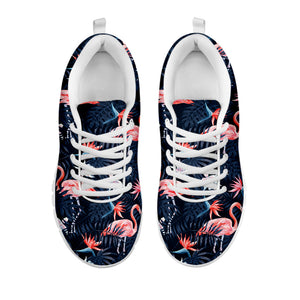 Dark Tropical Flamingo Pattern Print White Running Shoes