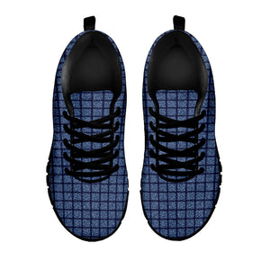 Denim Windowpane Pattern Print Black Running Shoes