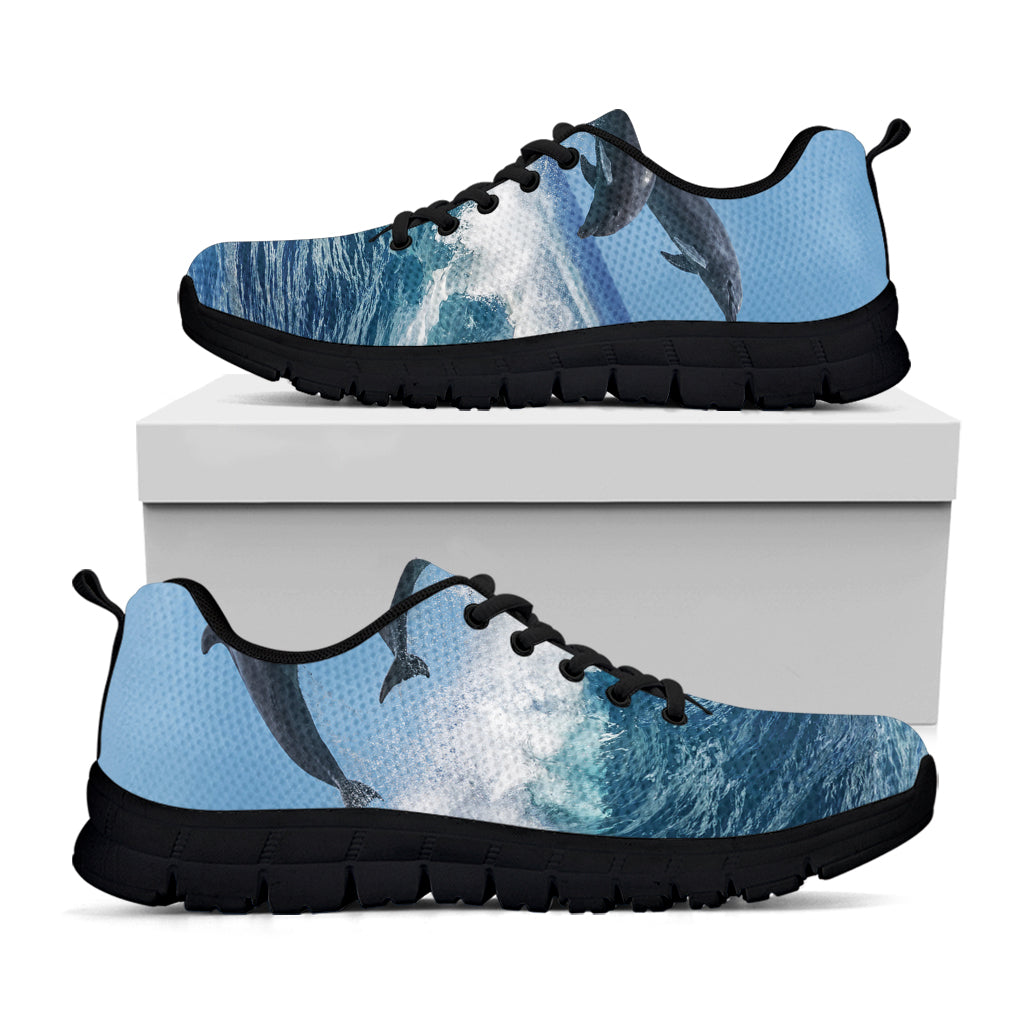 Dolphins Jumping Over Waves Print Black Running Shoes