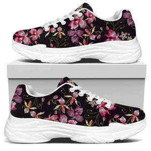 Embroidery Orchid Flower Pattern Print White Chunky Shoes