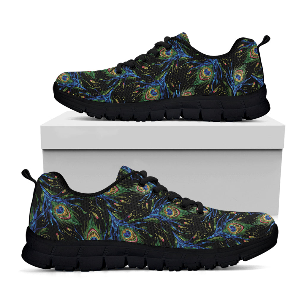 Embroidery Peacock Feather Print Black Running Shoes