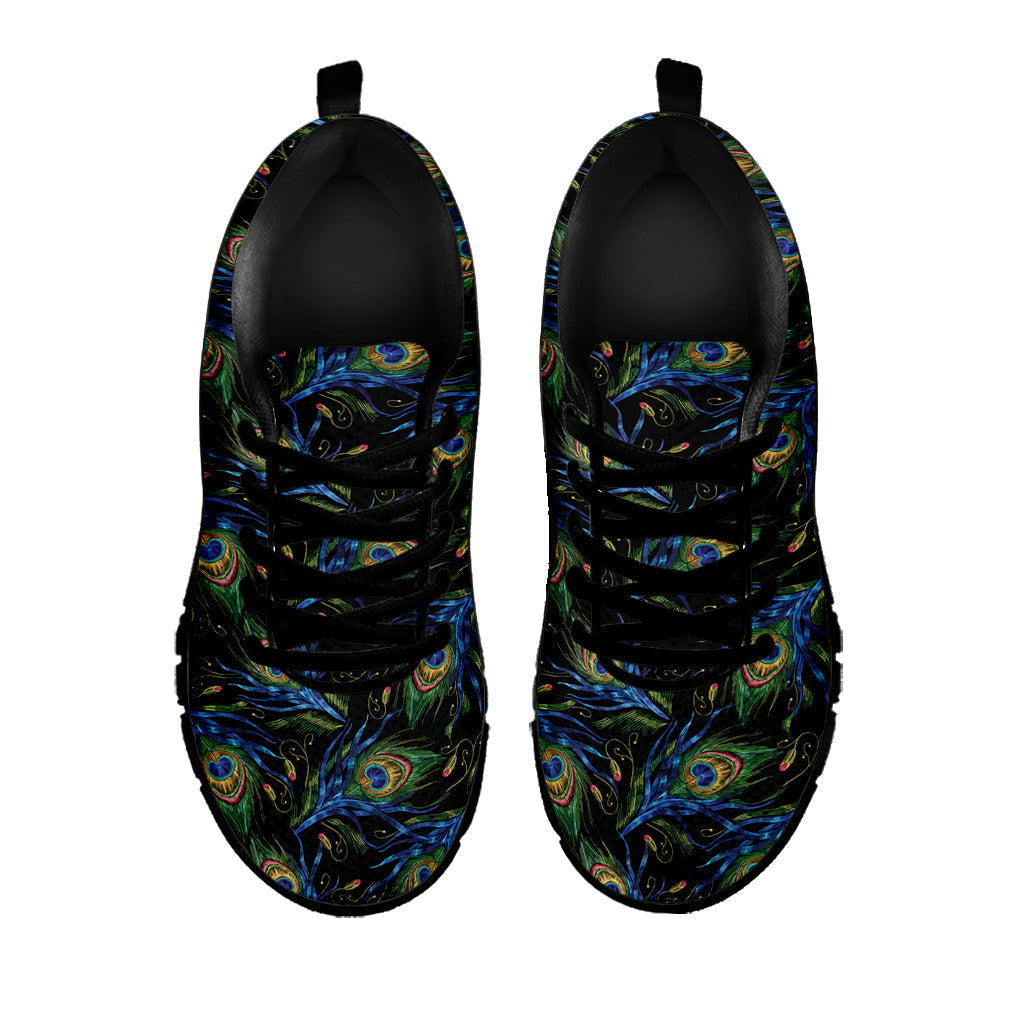 Embroidery Peacock Feather Print Black Running Shoes
