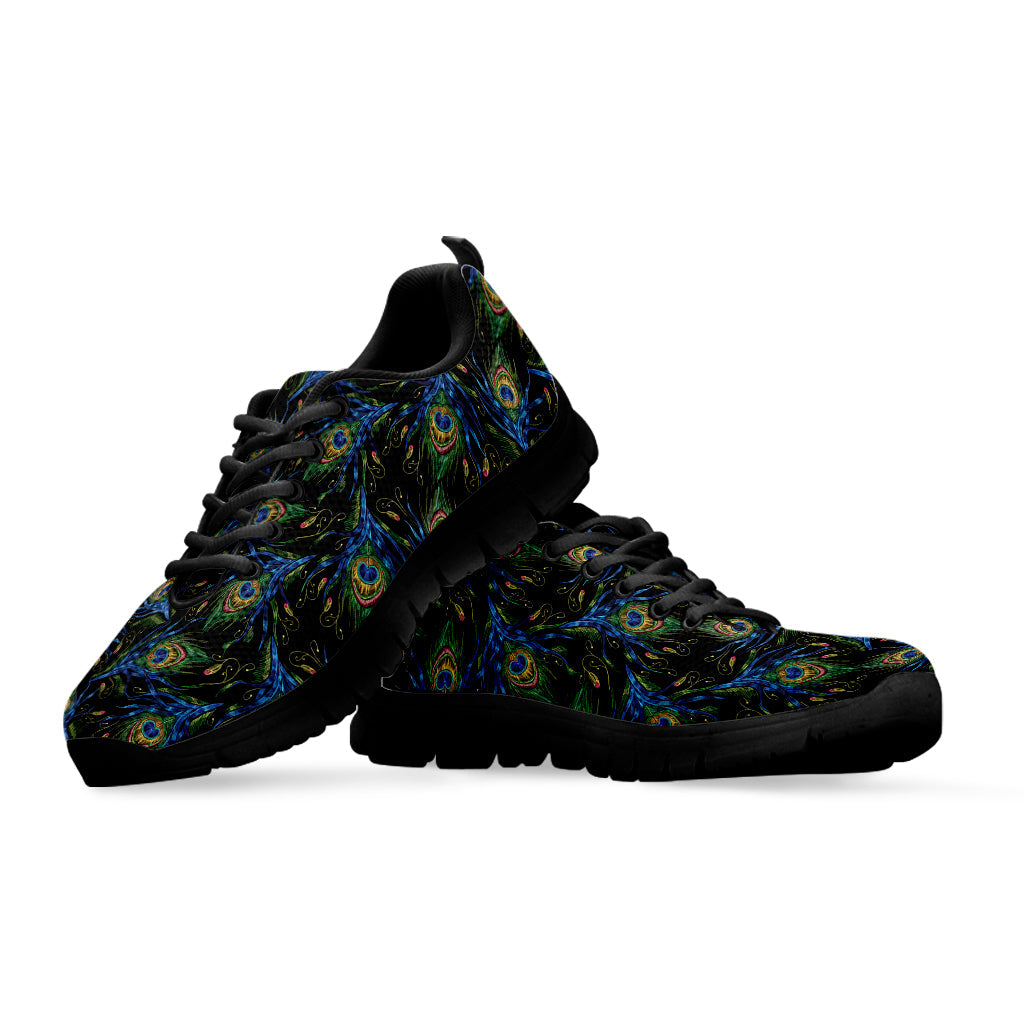 Embroidery Peacock Feather Print Black Running Shoes