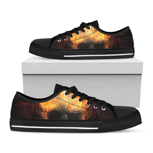 Flaming Demon Skull Print Black Low Top Sneakers