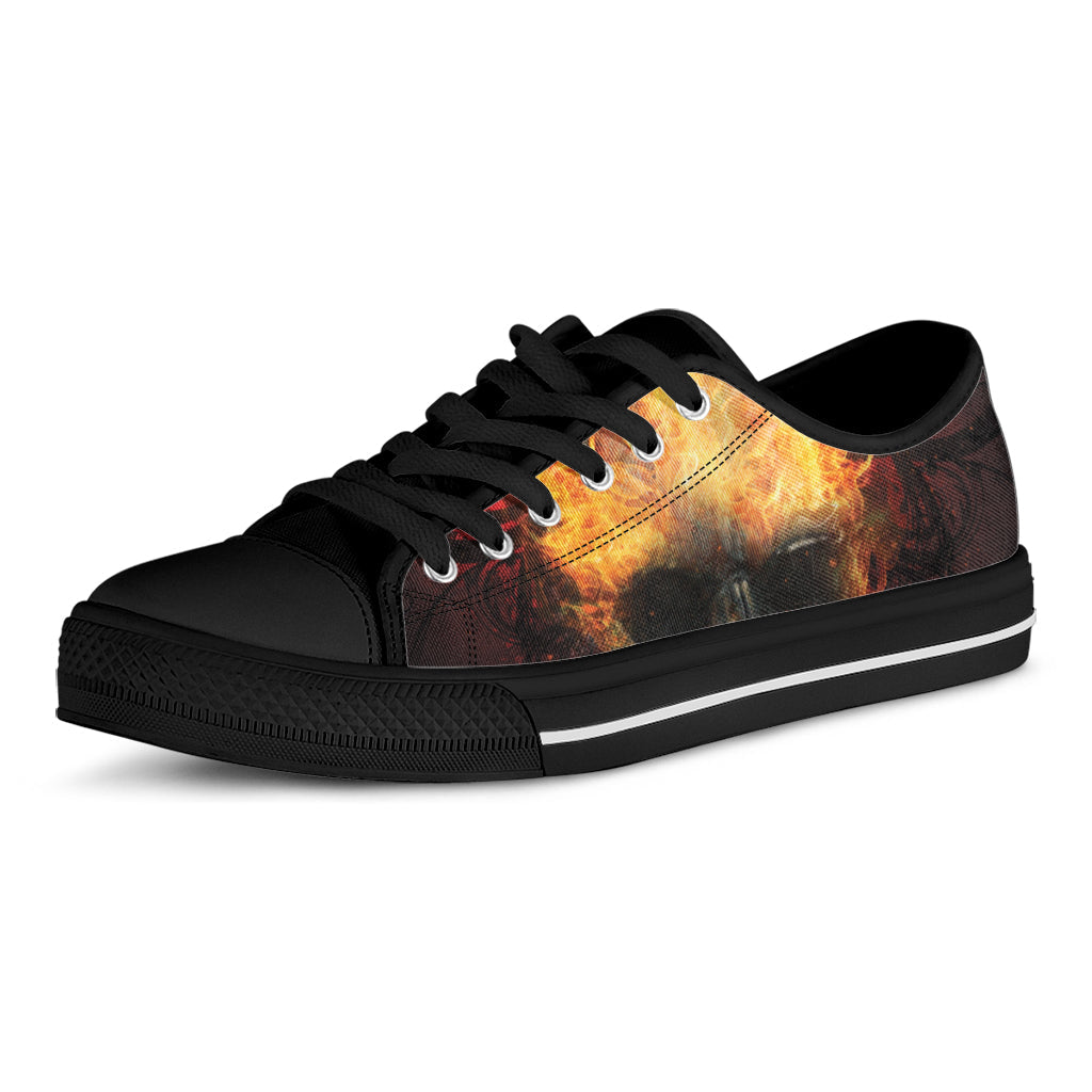 Flaming Demon Skull Print Black Low Top Sneakers